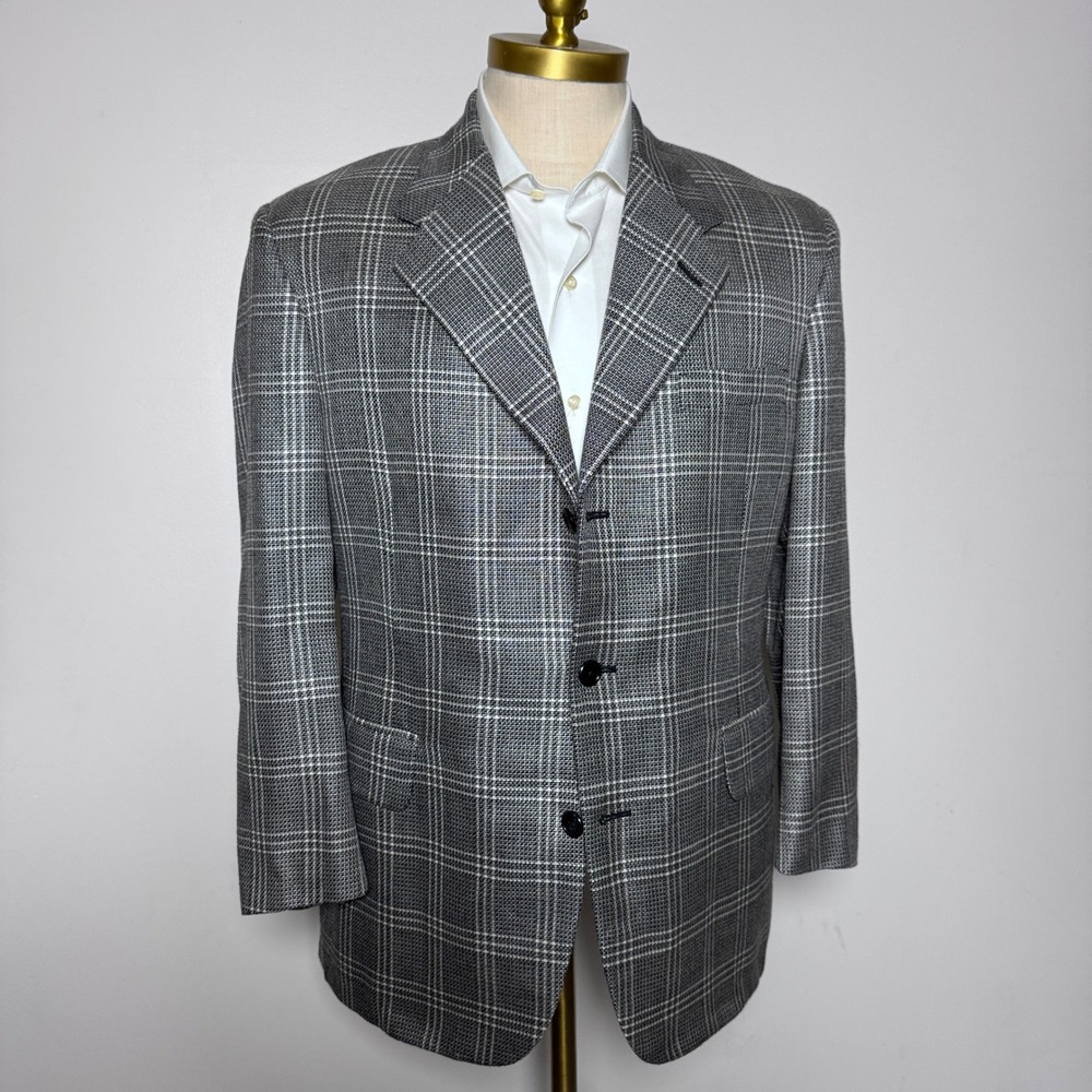 Tom James Sport Coat Mens 40S Gray Plaid Holland & Sherry Wool 3-Button Blazer